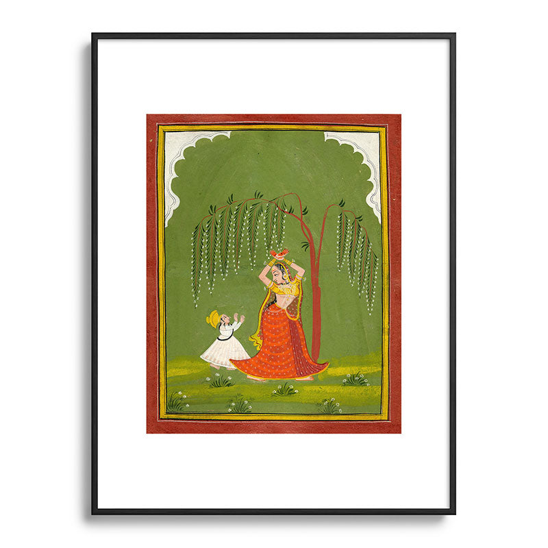 A female attendant is standing in tribhanga pose under a tree. A small child vies for her attention. Framed Art Print