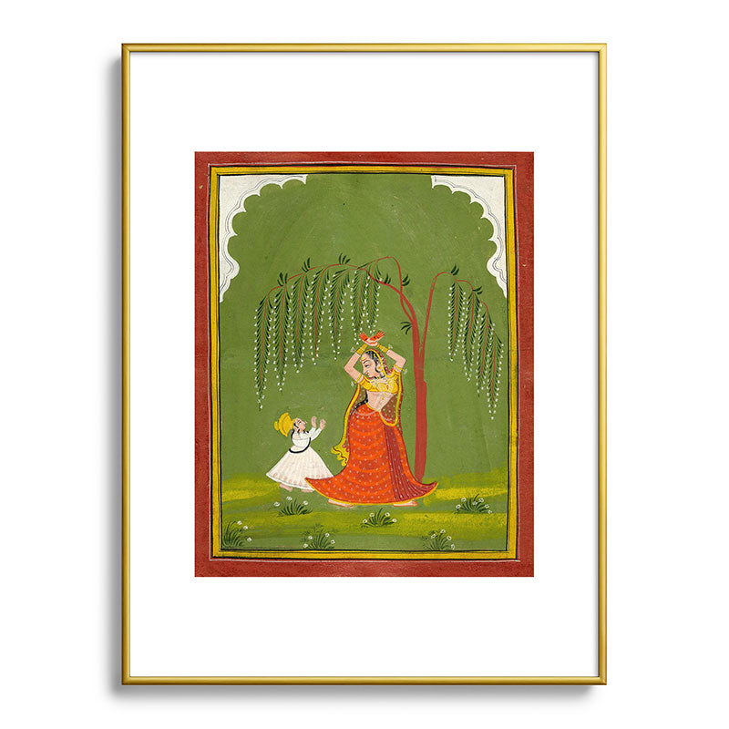 A female attendant is standing in tribhanga pose under a tree. A small child vies for her attention. Framed Art Print