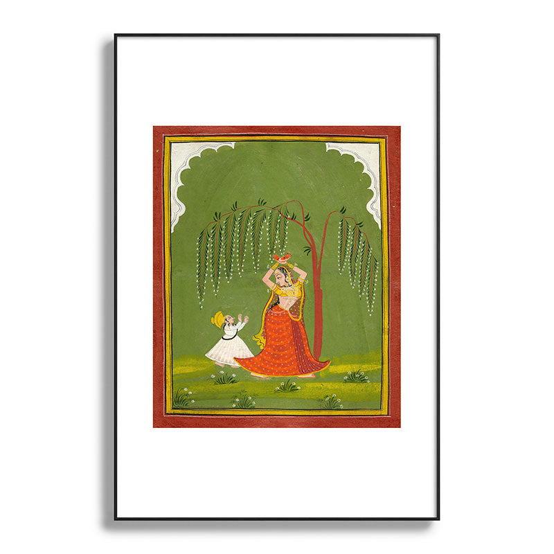A female attendant is standing in tribhanga pose under a tree. A small child vies for her attention. Framed Art Print