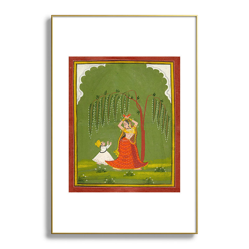 A female attendant is standing in tribhanga pose under a tree. A small child vies for her attention. Framed Art Print