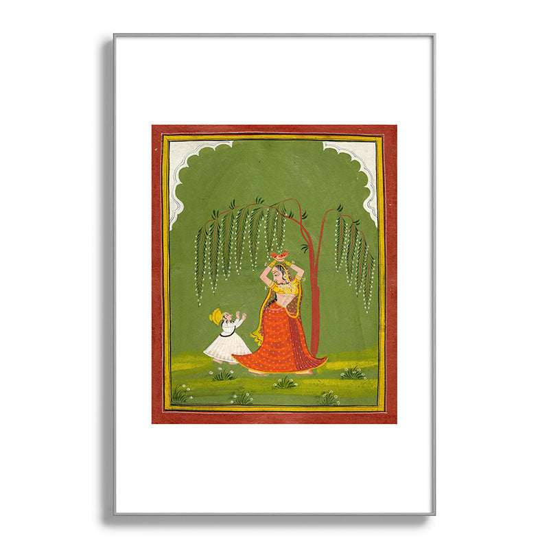 A female attendant is standing in tribhanga pose under a tree. A small child vies for her attention. Framed Art Print