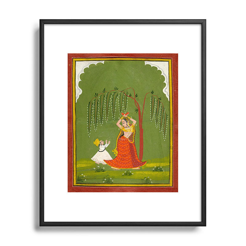 A female attendant is standing in tribhanga pose under a tree. A small child vies for her attention. Framed Art Print