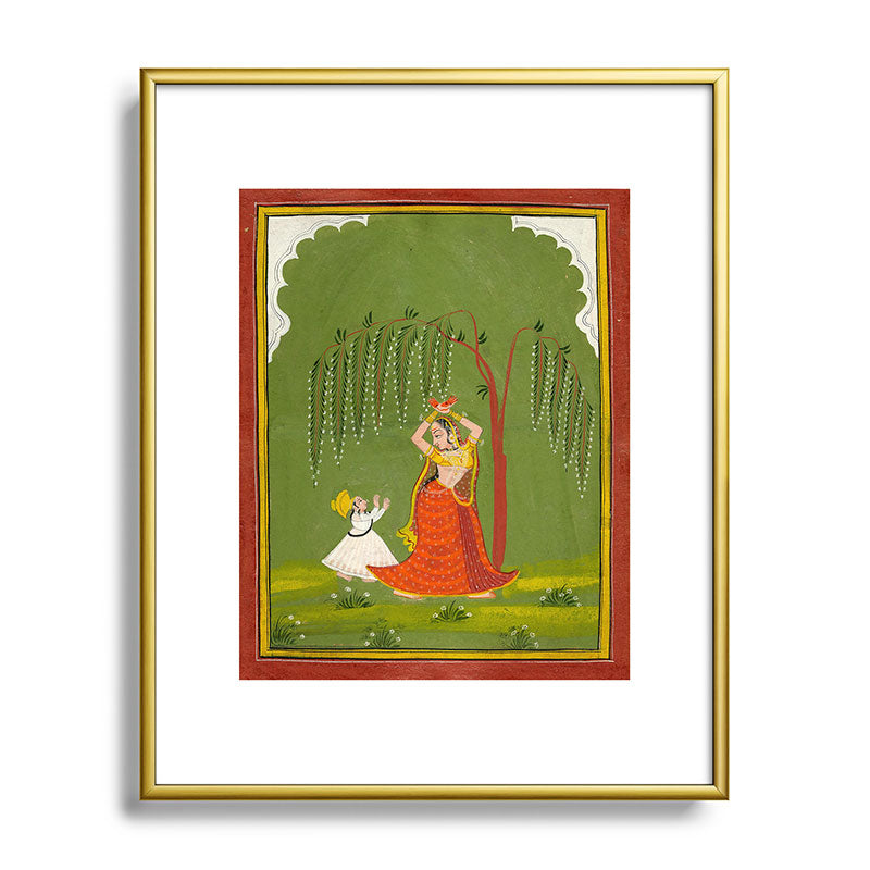 A female attendant is standing in tribhanga pose under a tree. A small child vies for her attention. Framed Art Print