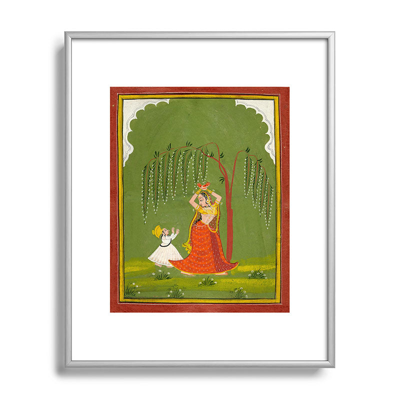 A female attendant is standing in tribhanga pose under a tree. A small child vies for her attention. Framed Art Print