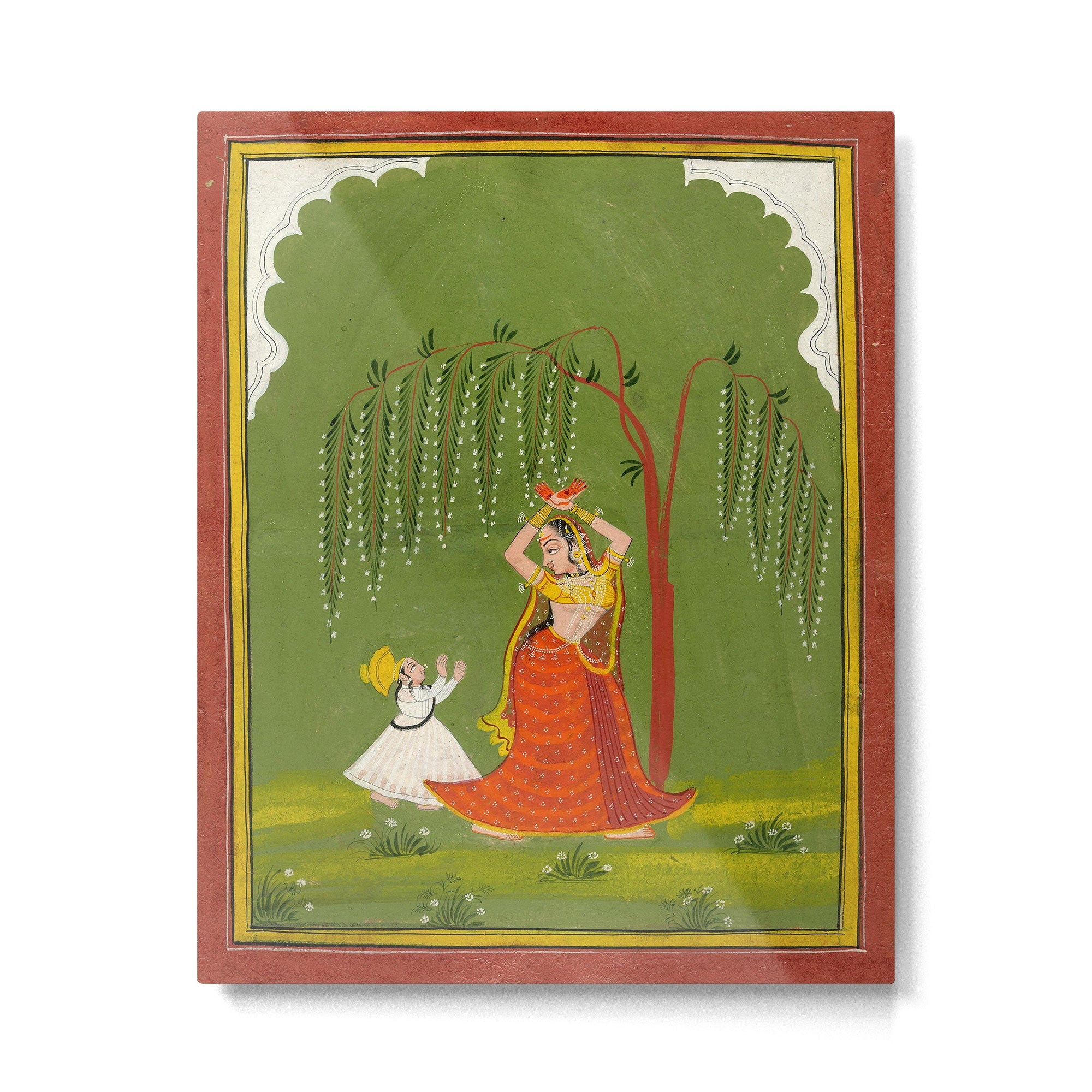 A female attendant is standing in tribhanga pose under a tree. A small child vies for her attention. Metal Print