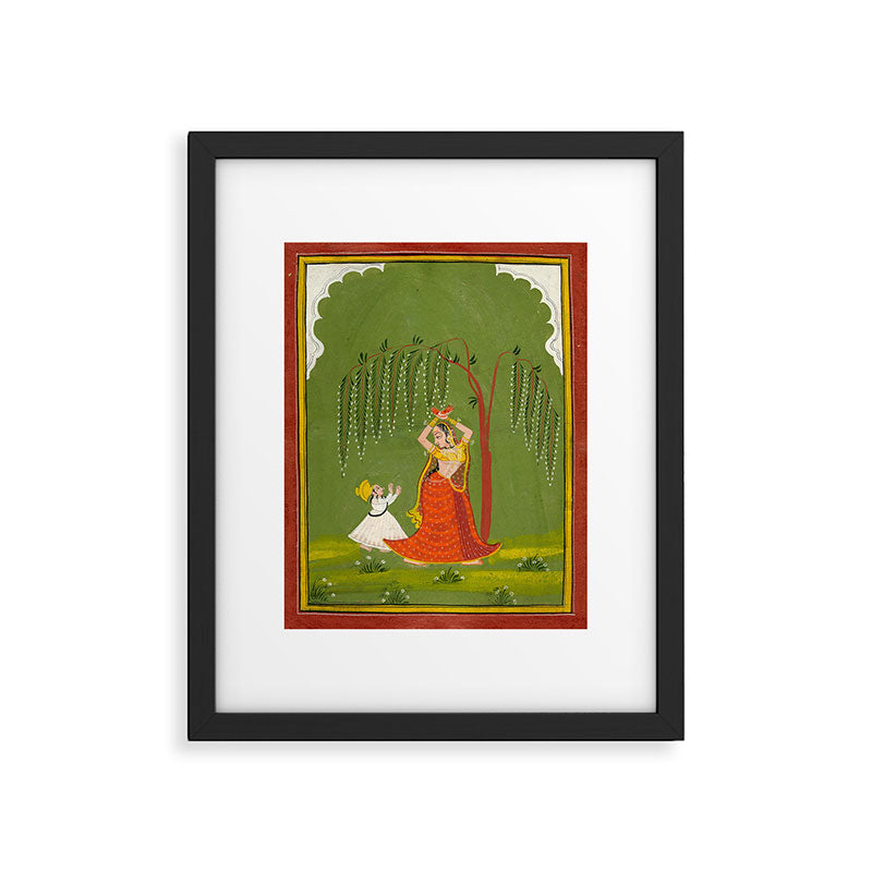 A female attendant is standing in tribhanga pose under a tree. A small child vies for her attention. Framed Art Print