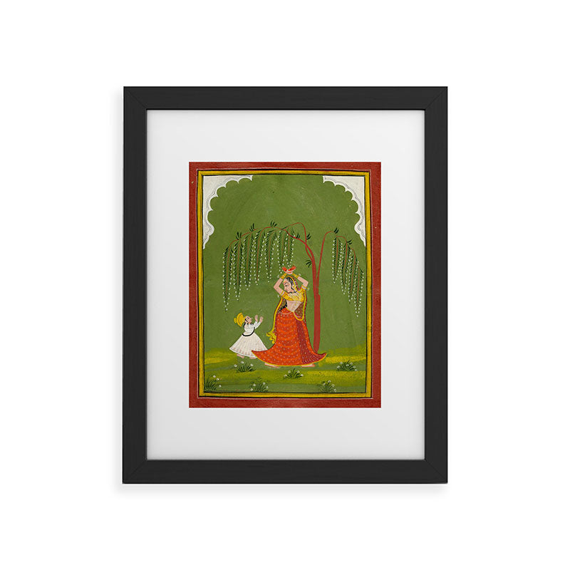 A female attendant is standing in tribhanga pose under a tree. A small child vies for her attention. Framed Art Print