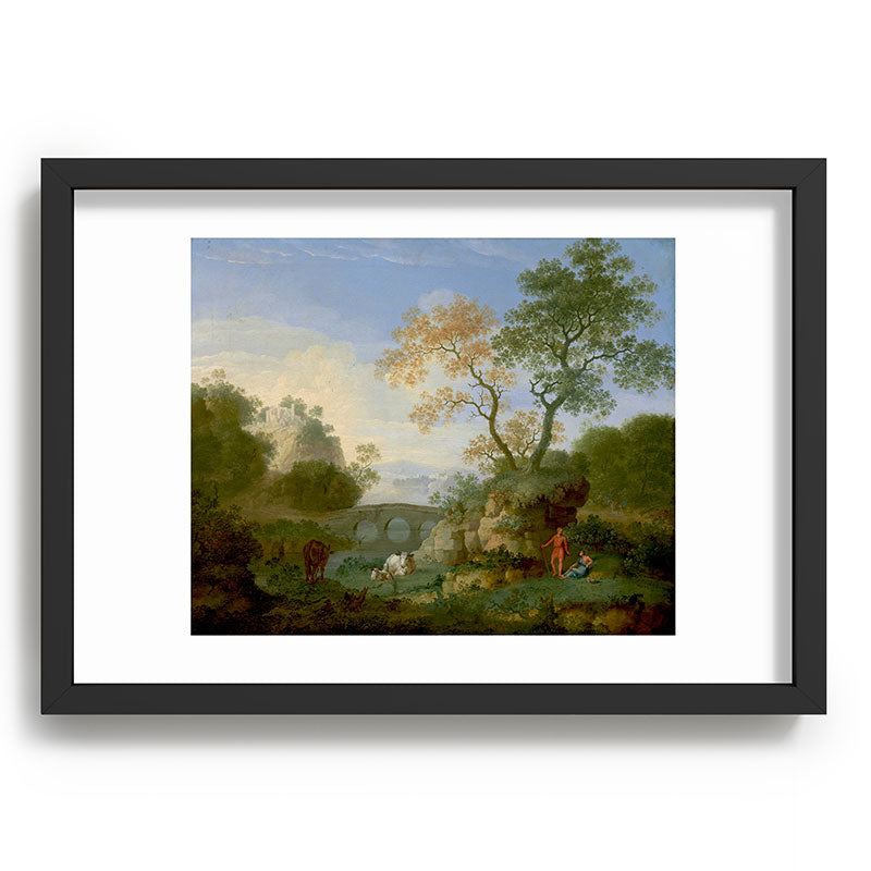 A Landscape with Distant Classical Ruins, a Bridge, Figures, and Cattle Framed Art Print