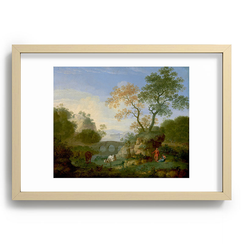 A Landscape with Distant Classical Ruins, a Bridge, Figures, and Cattle Framed Art Print