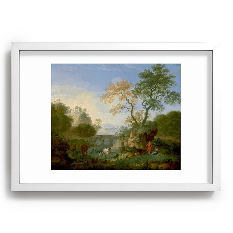 A Landscape with Distant Classical Ruins, a Bridge, Figures, and Cattle Framed Art Print