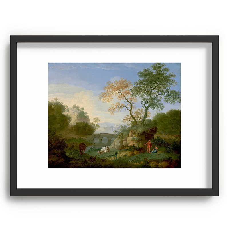 A Landscape with Distant Classical Ruins, a Bridge, Figures, and Cattle Framed Art Print