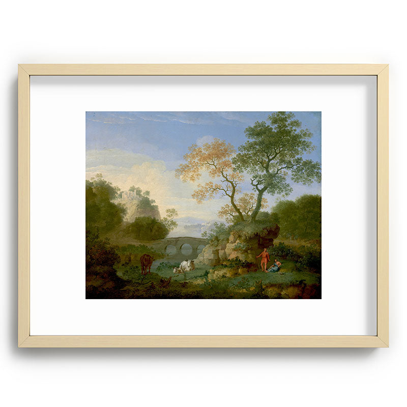 A Landscape with Distant Classical Ruins, a Bridge, Figures, and Cattle Framed Art Print