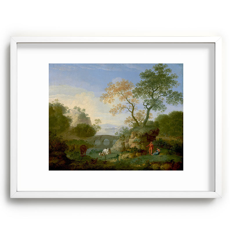 A Landscape with Distant Classical Ruins, a Bridge, Figures, and Cattle Framed Art Print