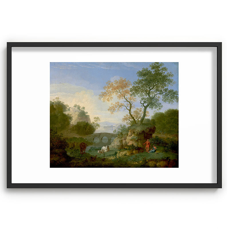 A Landscape with Distant Classical Ruins, a Bridge, Figures, and Cattle Framed Art Print
