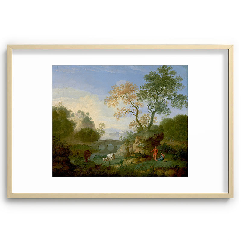 A Landscape with Distant Classical Ruins, a Bridge, Figures, and Cattle Framed Art Print