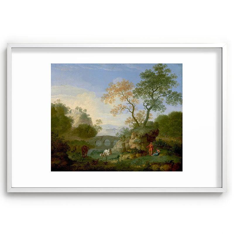 A Landscape with Distant Classical Ruins, a Bridge, Figures, and Cattle Framed Art Print