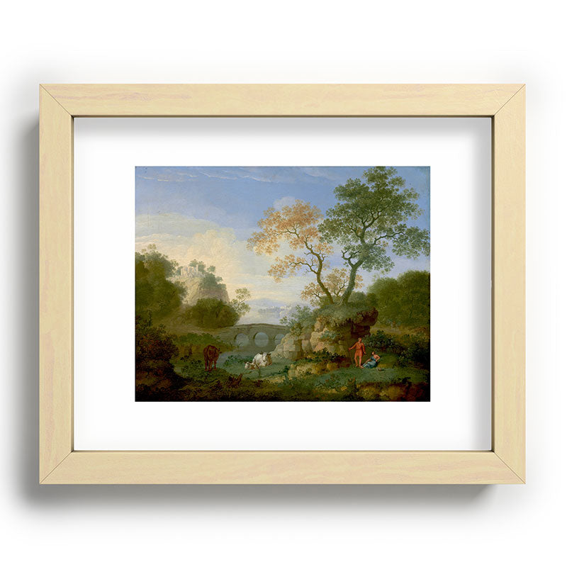 A Landscape with Distant Classical Ruins, a Bridge, Figures, and Cattle Framed Art Print