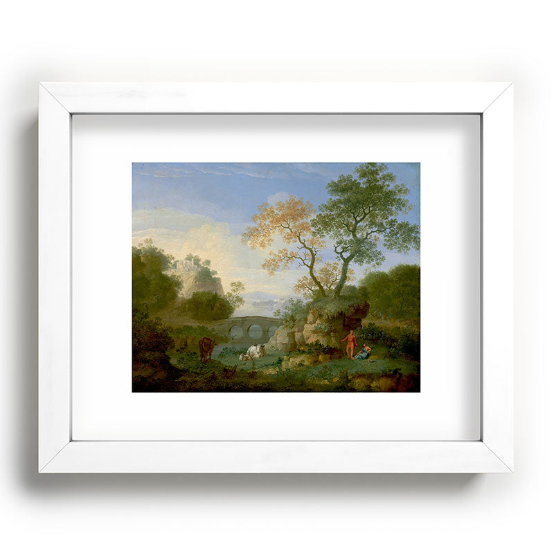 A Landscape with Distant Classical Ruins, a Bridge, Figures, and Cattle Framed Art Print