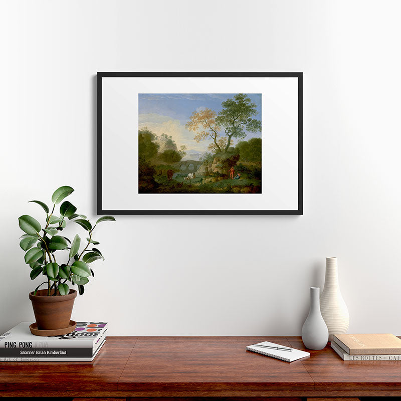 A Landscape with Distant Classical Ruins, a Bridge, Figures, and Cattle Framed Art Print