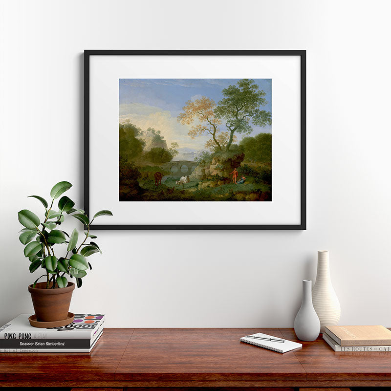 A Landscape with Distant Classical Ruins, a Bridge, Figures, and Cattle Framed Art Print