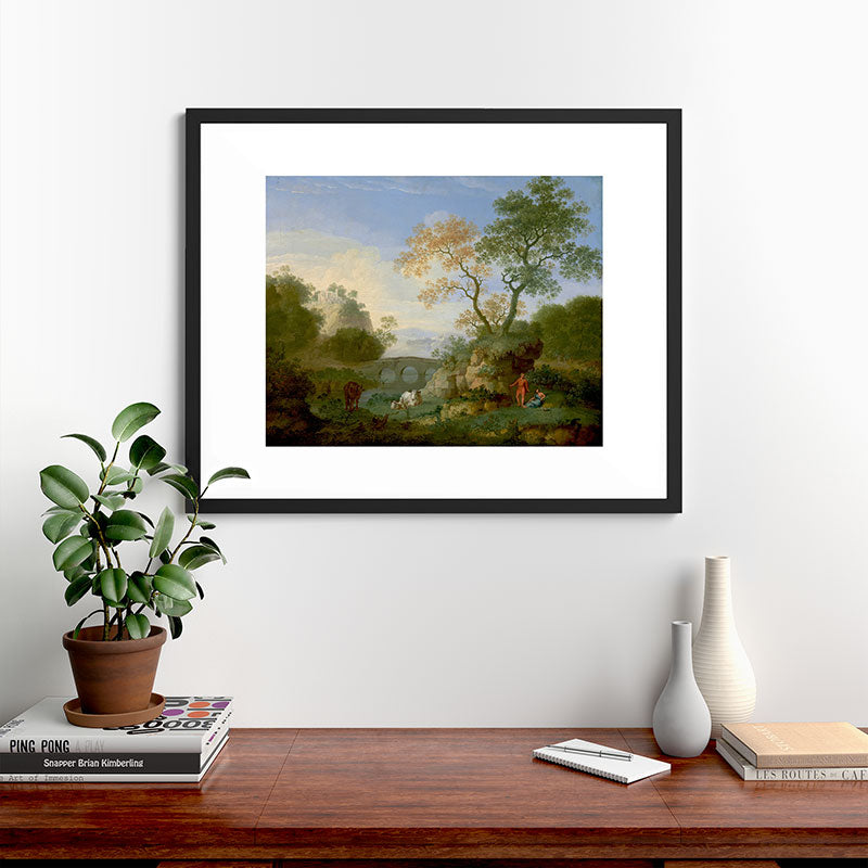A Landscape with Distant Classical Ruins, a Bridge, Figures, and Cattle Framed Art Print