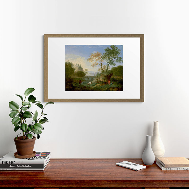 A Landscape with Distant Classical Ruins, a Bridge, Figures, and Cattle Framed Art Print