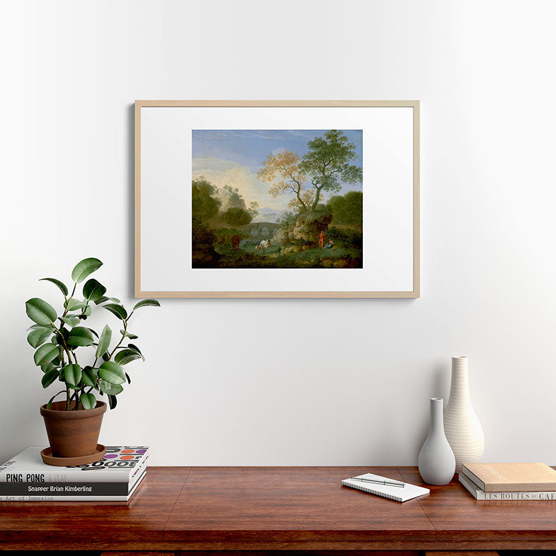 A Landscape with Distant Classical Ruins, a Bridge, Figures, and Cattle Framed Art Print