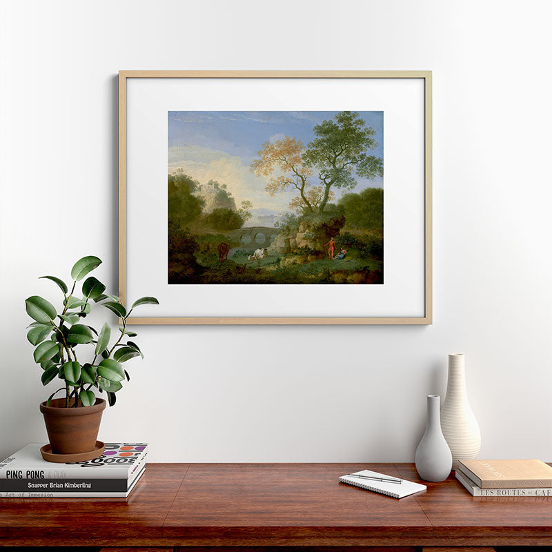 A Landscape with Distant Classical Ruins, a Bridge, Figures, and Cattle Framed Art Print