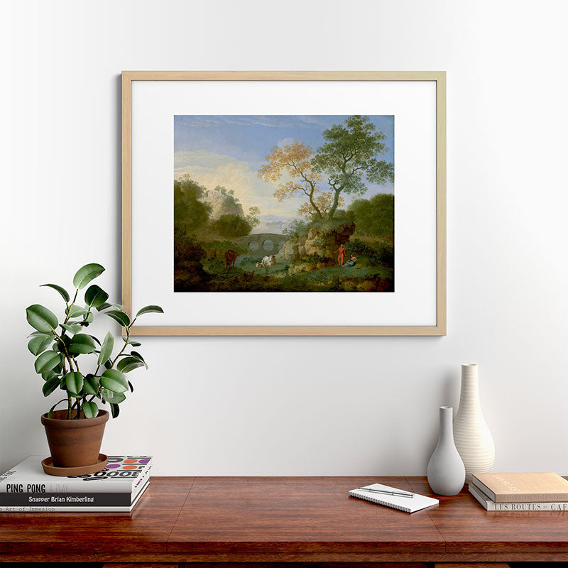 A Landscape with Distant Classical Ruins, a Bridge, Figures, and Cattle Framed Art Print