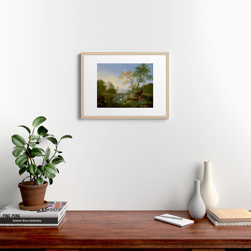 A Landscape with Distant Classical Ruins, a Bridge, Figures, and Cattle Framed Art Print