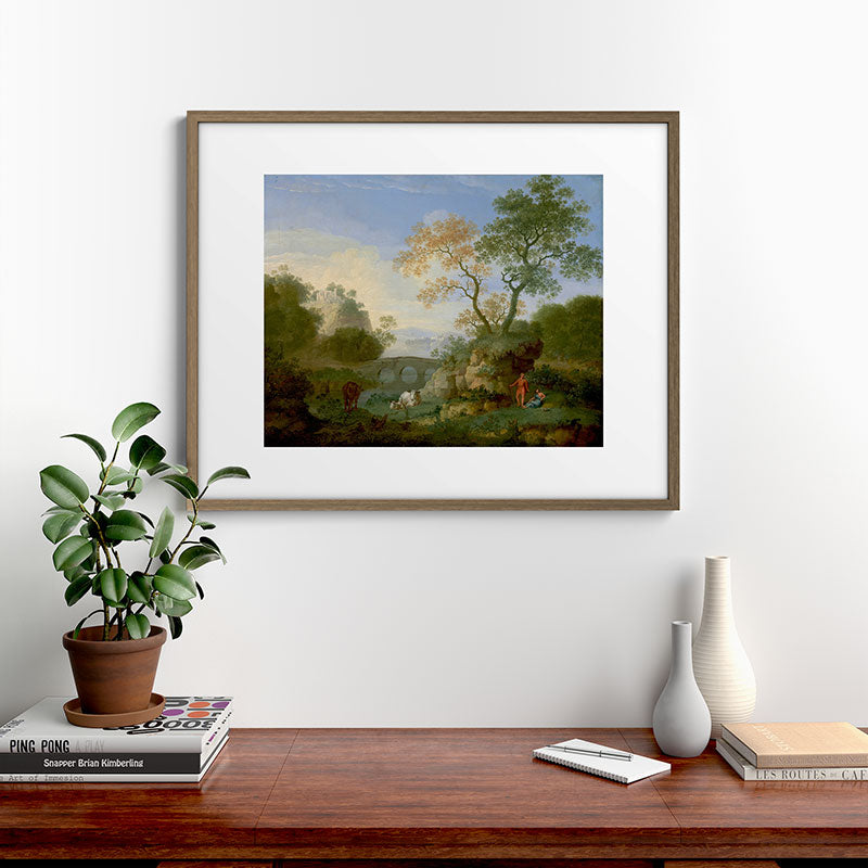 A Landscape with Distant Classical Ruins, a Bridge, Figures, and Cattle Framed Art Print