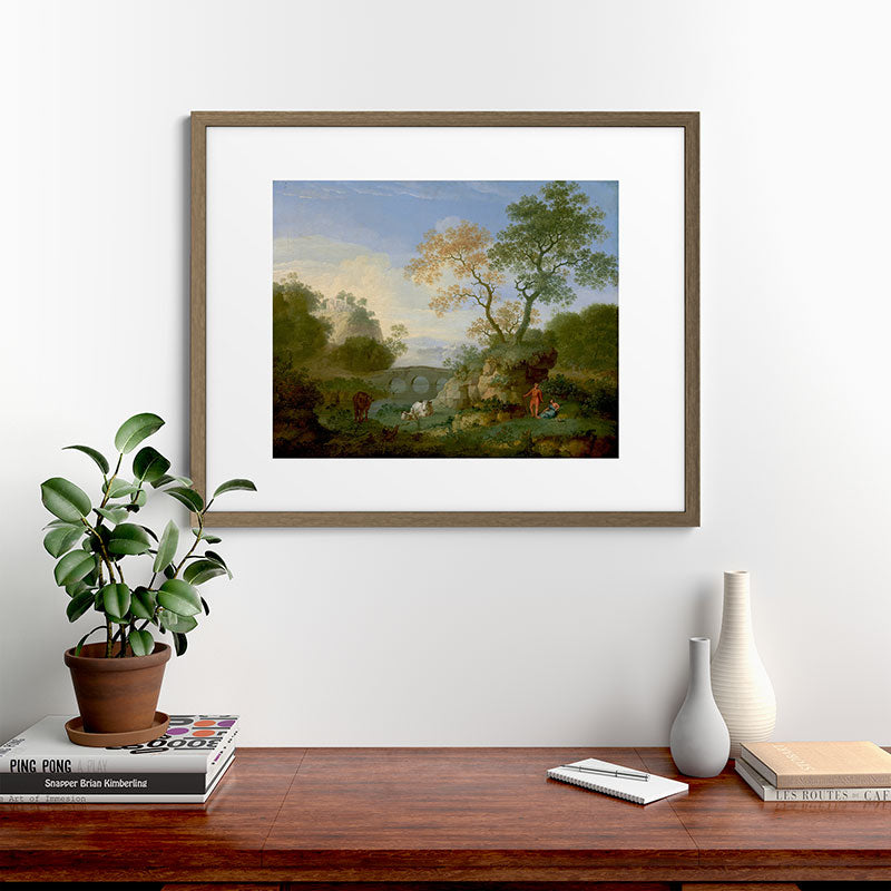 A Landscape with Distant Classical Ruins, a Bridge, Figures, and Cattle Framed Art Print