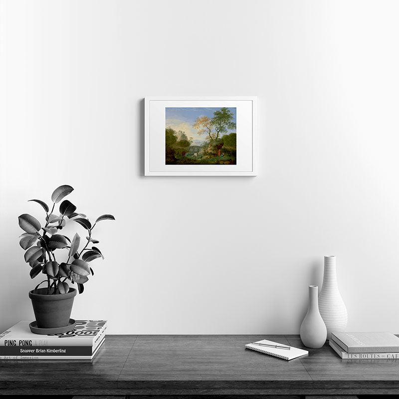 A Landscape with Distant Classical Ruins, a Bridge, Figures, and Cattle Framed Art Print