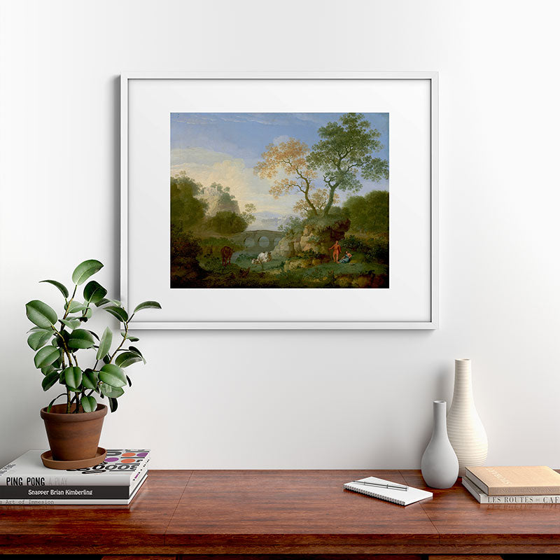 A Landscape with Distant Classical Ruins, a Bridge, Figures, and Cattle Framed Art Print