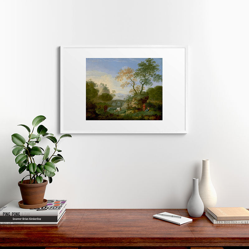A Landscape with Distant Classical Ruins, a Bridge, Figures, and Cattle Framed Art Print