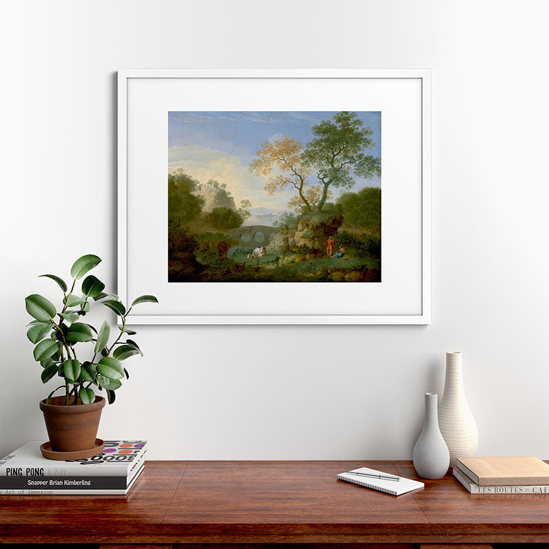 A Landscape with Distant Classical Ruins, a Bridge, Figures, and Cattle Framed Art Print