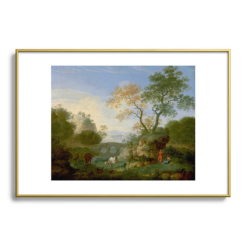 A Landscape with Distant Classical Ruins, a Bridge, Figures, and Cattle Framed Art Print