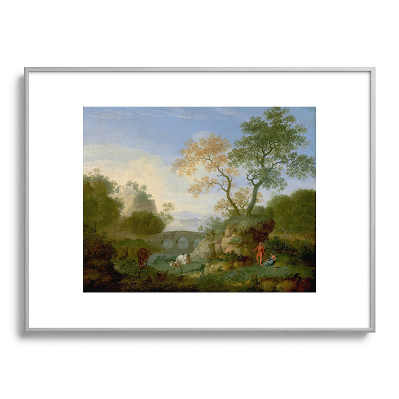 A Landscape with Distant Classical Ruins, a Bridge, Figures, and Cattle Framed Art Print