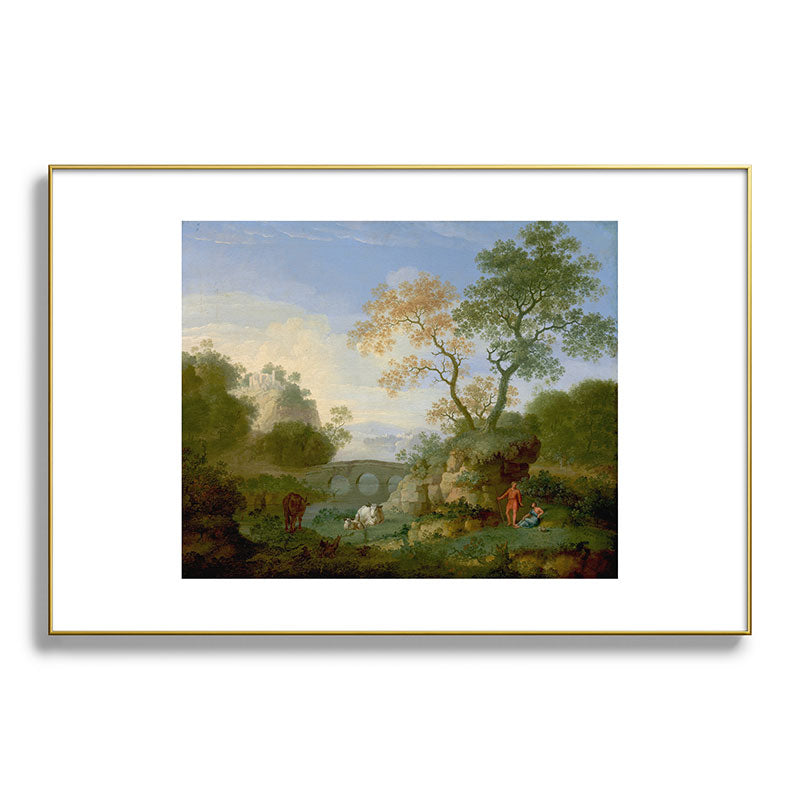 A Landscape with Distant Classical Ruins, a Bridge, Figures, and Cattle Framed Art Print