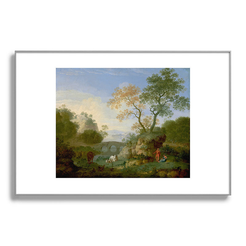 A Landscape with Distant Classical Ruins, a Bridge, Figures, and Cattle Framed Art Print