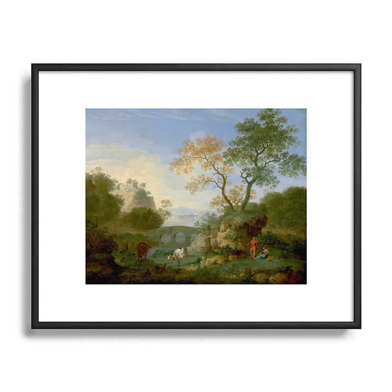 A Landscape with Distant Classical Ruins, a Bridge, Figures, and Cattle Framed Art Print