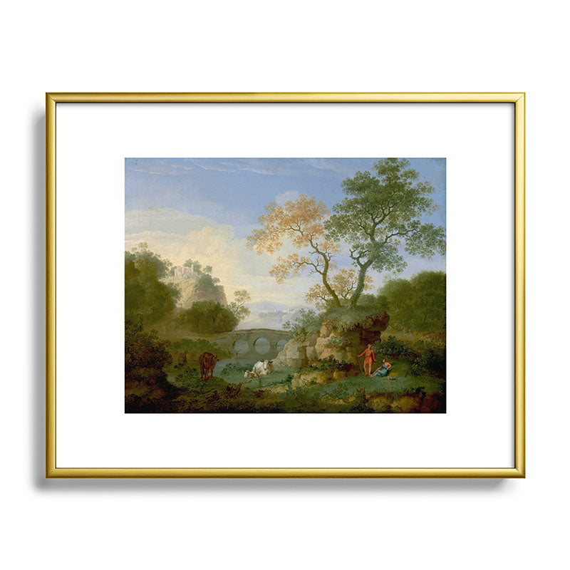 A Landscape with Distant Classical Ruins, a Bridge, Figures, and Cattle Framed Art Print