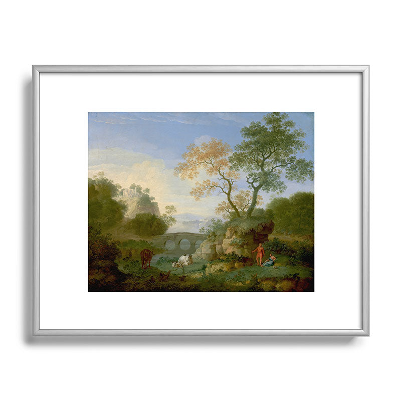 A Landscape with Distant Classical Ruins, a Bridge, Figures, and Cattle Framed Art Print