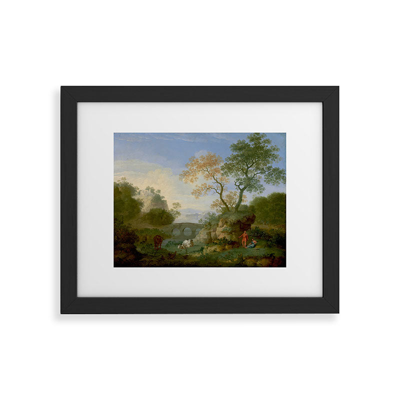 A Landscape with Distant Classical Ruins, a Bridge, Figures, and Cattle Framed Art Print