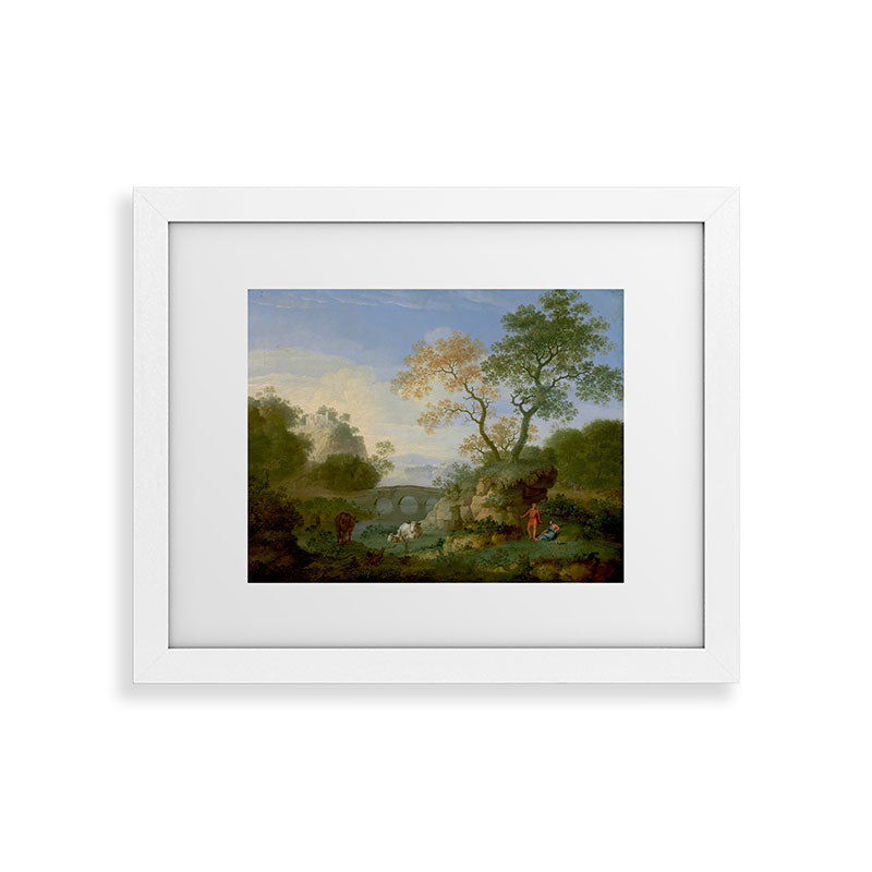 A Landscape with Distant Classical Ruins, a Bridge, Figures, and Cattle Framed Art Print