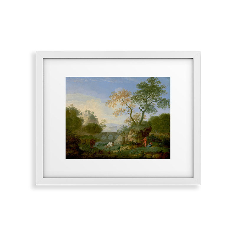 A Landscape with Distant Classical Ruins, a Bridge, Figures, and Cattle Framed Art Print
