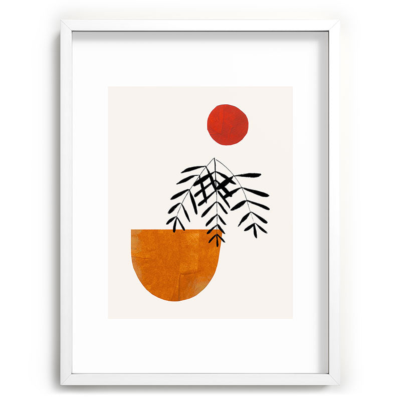 Autumn Vine' Minimal Mid Century Abstract Shapes With Floral Plant Motif Boho Vintage Paper Collage Line Drawing Framed Art Print