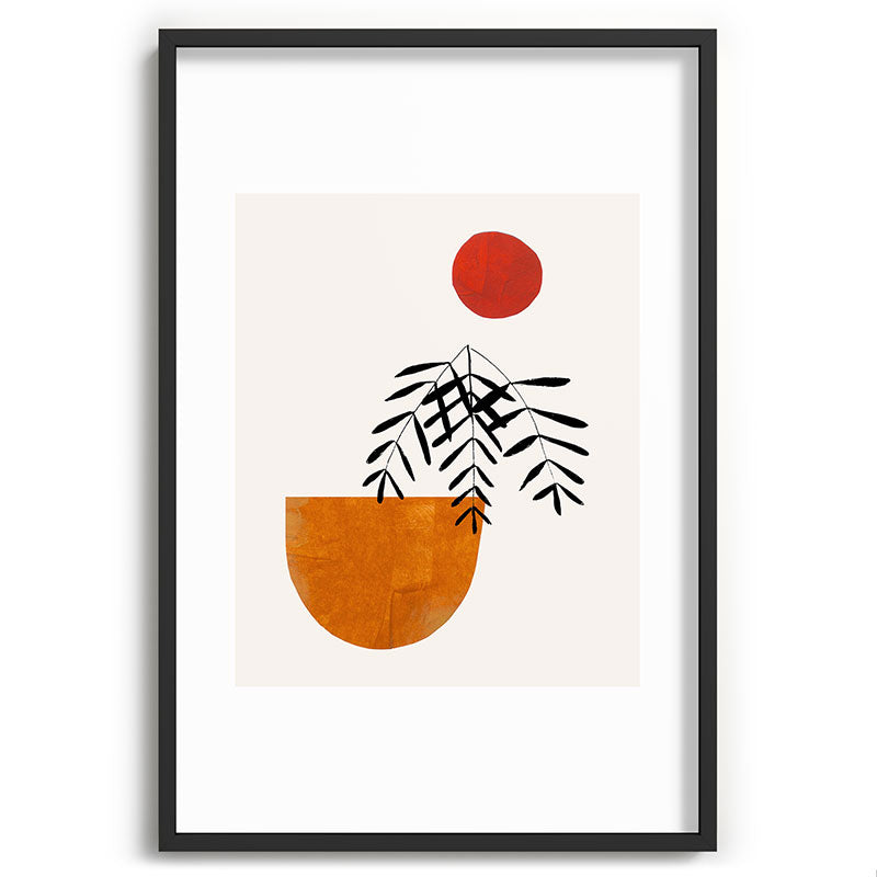 Autumn Vine' Minimal Mid Century Abstract Shapes With Floral Plant Motif Boho Vintage Paper Collage Line Drawing Framed Art Print