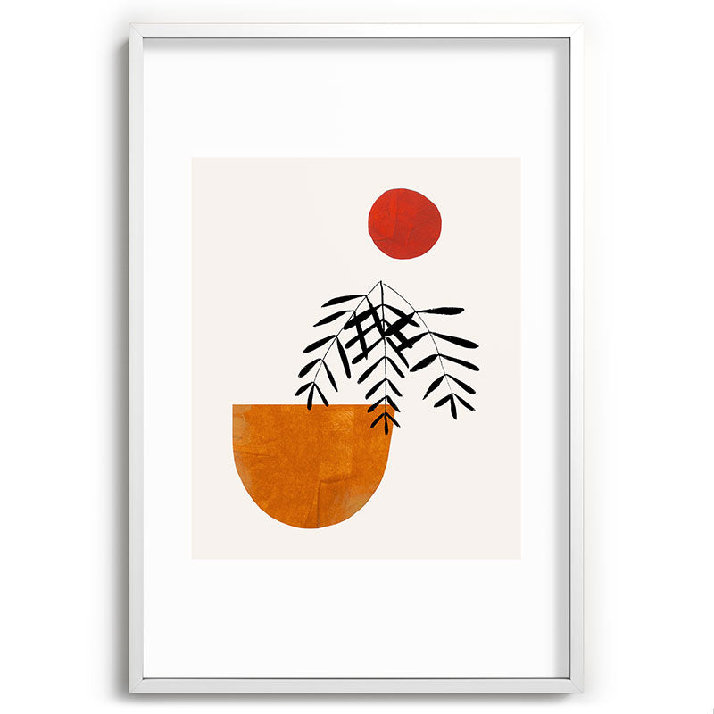 Autumn Vine' Minimal Mid Century Abstract Shapes With Floral Plant Motif Boho Vintage Paper Collage Line Drawing Framed Art Print