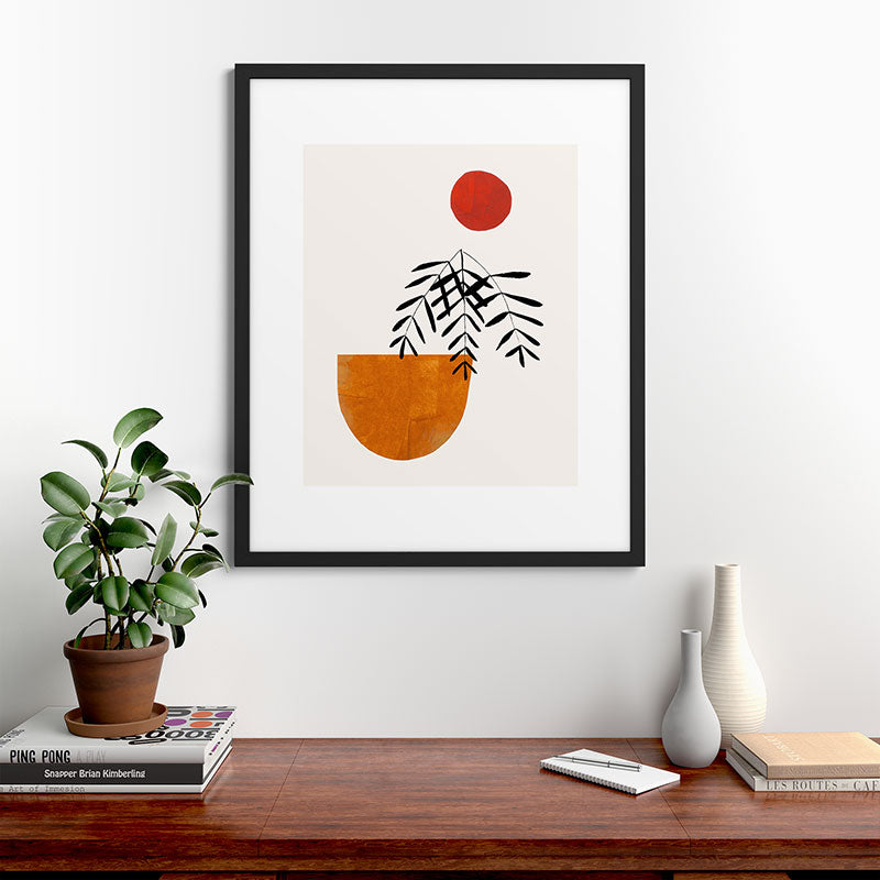 Autumn Vine' Minimal Mid Century Abstract Shapes With Floral Plant Motif Boho Vintage Paper Collage Line Drawing Framed Art Print